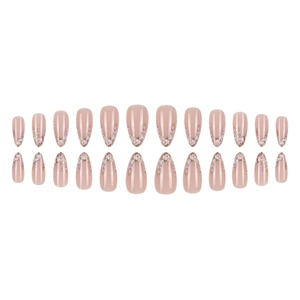 Nude pink almond press-on nails set with delicate pink floral petals and gold foil flakes