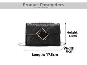 Detail view showing dimensions of black quilted chain bag with gold geometric lock