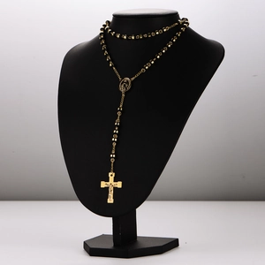 Vintage stainless steel rosary necklace with gold crucifix and portrait medal pendant