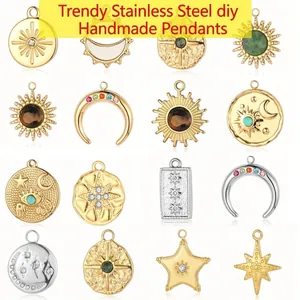 Bohemian celestial sun moon star stainless steel charms with 18k gold plating and gemstones