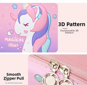 Detailed close-up of 3D unicorn pattern and durable dual metal zippers on kids backpack