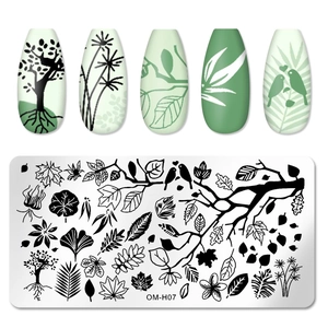 Detailed nail stamping plate OM-H07 featuring forest trees, birds, and leaves patterns