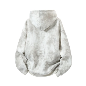 Back view of oversized hoodie with grey and white marble tie-dye and dropped shoulders