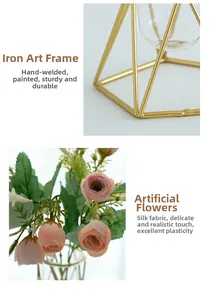 Detail of pink silk roses and gold geometric iron frame with handcrafted finish