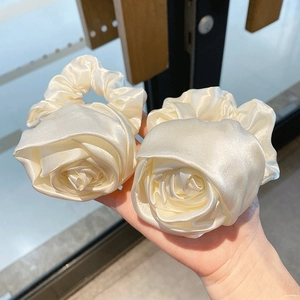 Elegant satin rose flower hair ties in cream white silk texture for women French style