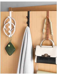 Over-the-door vertical hooks organizer showing diverse storage for bags and towels