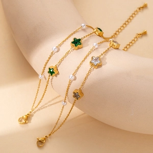 Elegant gold double-layered stainless steel bracelets with star crystals and small pearls