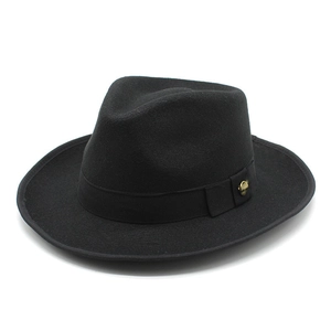Classic black wool fedora hat featuring a wide brim and elegant gold metal side buckle