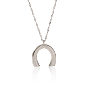 Macro view of silver horseshoe pendant on a twisted chain with subtle reflection