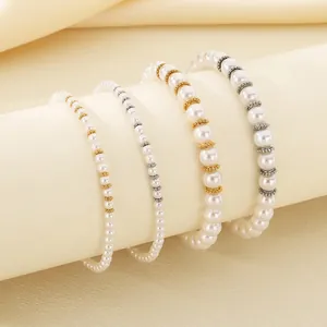 Bracelet En Künstliche Perles De Verre Rétro Acier Inoxydable Künstliche Perles Rondes Bijoux Élégants Ajustables Pour Femmes