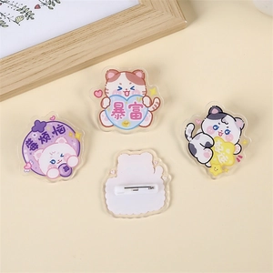 Cute cartoon cat acrylic brooches set in pink and yellow with motivational slogans