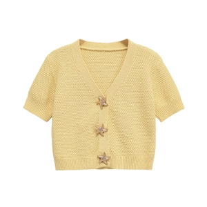Short Sleeve Knit Cardigan V Neck Waffle Texture Starfish Button Sweater Top Lightweight For Women Casual Elegant