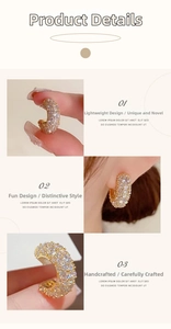 Detailed view of C-shaped earrings with micro-pave cubic zirconia on a warm beige background