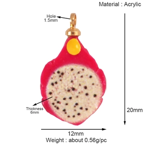 Detail view of dragon fruit acrylic pendant with specific dimensions and hole size details