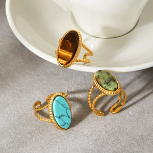 French vintage stainless steel gold rings set with turquoise and tiger eye stone