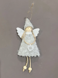 Close-up of gray felt Christmas angel ornament with plush body and wooden bead feet