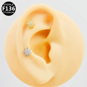 Detail of G23 titanium star cartilage studs with sparkling zircons on silicone ear model