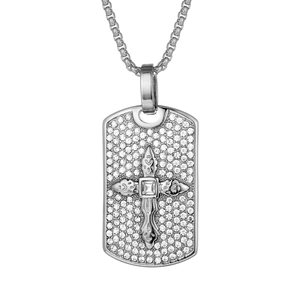 Collana con piastrina militare argentata con strass scintillanti e ciondolo a croce