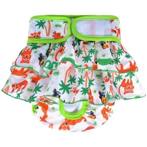 Dog diaper skirt with tropical animal print and adjustable green velcro strap