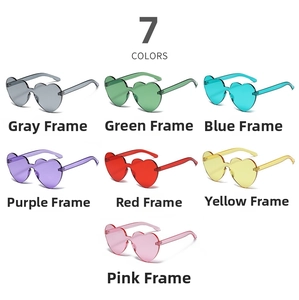 Detail showcasing heart-shaped rimless sunglasses in seven vibrant transparent colors