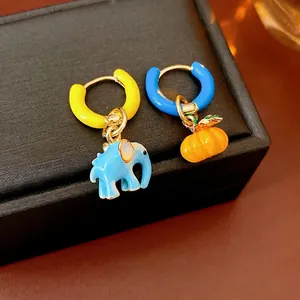 Cute asymmetric colorful enamel elephant and pumpkin charm hoop earrings for women