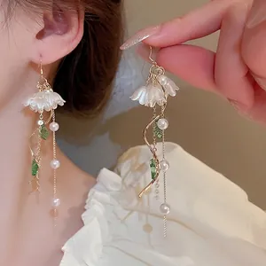 Maiglöckchen Lange Quasten Ohrhänger Mit Legierung Künstliche Perle Harz Blume Und Acryl Blatt Elegant Für Damen