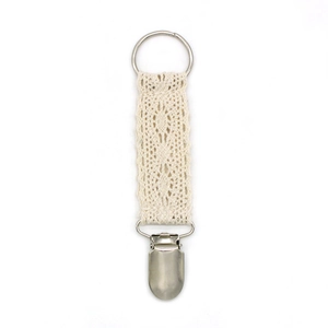 Detail of cream lace travel hat clip featuring durable metal ring and stainless duckbill clamp