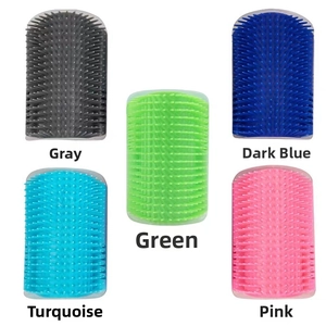Detail view of cat corner groomers in five colors showing the rounded plastic bristles