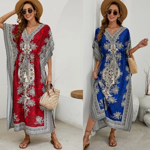 Women Bohemian Ethnic Print Kaftan Beach Cover Up V Neck Drawstring Tassel Maxi Dress Polyester Rayon Summer Resort