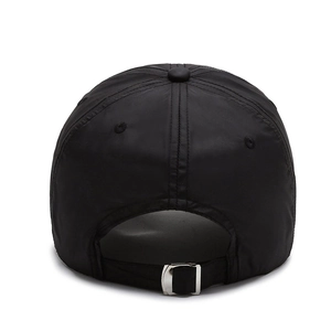 Back view of black breathable baseball cap featuring adjustable silver metal buckle strap