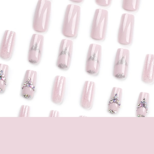 Sparkly pink and silver glitter long square press-on nails with rhinestone accents