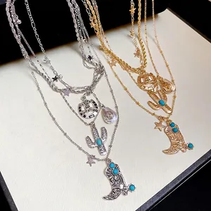 Western cowboy style multi-layer necklace with cactus, hat and turquoise charms
