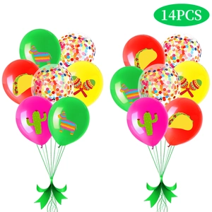14PCS Mexican Fiesta balloon set with cactus and pinata patterns on white background