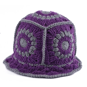 Handmade crochet knit bucket hat for women in purple and grey floral vintage style