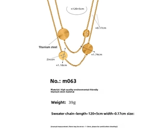 Detailed view of titanium steel sweater chain with circular pendants and size measurements