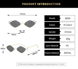 Tableau des tailles montrant la largeur de 141mm et les verres PC pour lunettes en métal