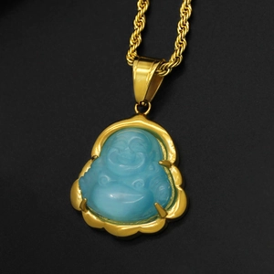 Collier bouddha rieur en acier inoxydable doré avec pendentif en pierre oeil de chat