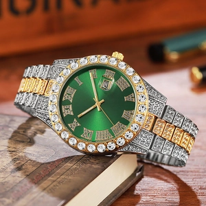 Hip hop style men's quartz watch with iced-out green Roman dial and two-tone band