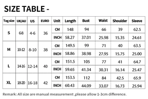Detailed size guide table for mid-length elegant dress showing US, UK, and EU measurements