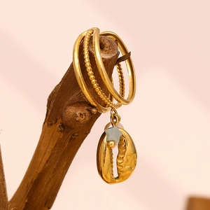 18K gold plated stainless steel ring set with pearl seashell charms and blue star