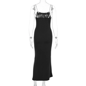 Detailed back view of a slim-fit black maxi dress with thin straps and a bodycon silhouette