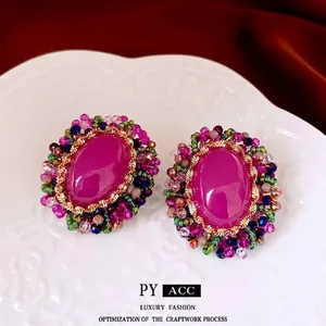 Vintage luxury oval purple crystal flower earrings with bohemian colorful beadwork