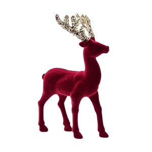 Elegant Christmas reindeer ornament in burgundy flocking with golden glitter antlers