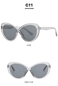 Detail view of transparent grey butterfly eyeglass frames showing side and front angles