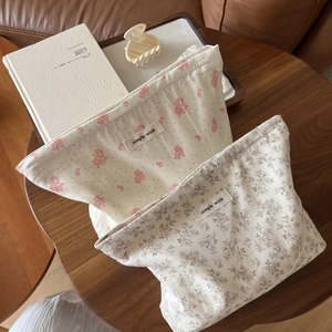 Floral Print Cotton Makeup Bag Portable Travel Toiletry Pouch With Zipper And Canvas Lining Women Storage Handbag
