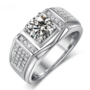 Luxurious men's silver ring with a large round-cut center stone and pave diamond accents