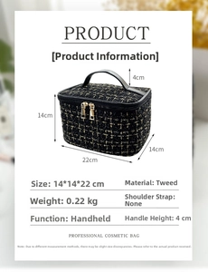Detailed size specifications for the black tweed vanity bag showing 22x14x14cm dimensions