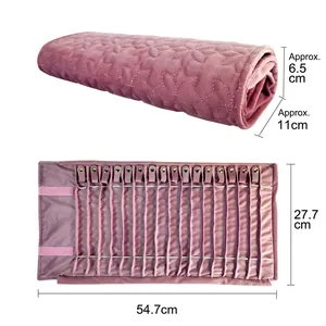 Pink quilted velvet jewelry roll organizer with snap hooks for tangle-free necklaces
