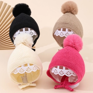 Kinder Winter Strickmütze Mit Kunstfell Bommel Ohrenklappen Bindeband Warm Fleece Futter Winddicht Für Kleinkinder Babys