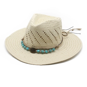 Bohemian Straw Fedora Hat With Turquoise Beads And Sun Metal Buckle Summer Beach Sun Protection Woven Ethnic Style